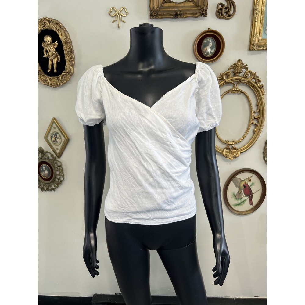 Reformation White Puff-Sleeve Wrap Top Blouse Size See Measurements